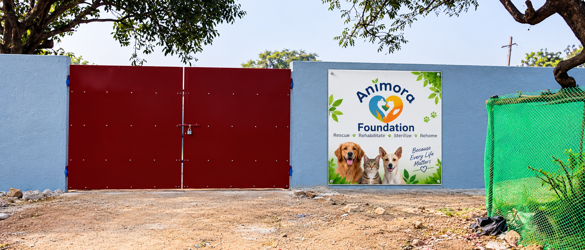 Concept illustration of the shelter gate with an Animora Foundation signboard