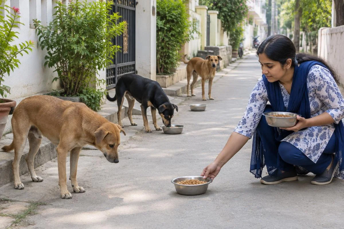 AI-generated awareness cover: Feeding Street Dogs Responsibly: Clean Bowls, Safer Spaces