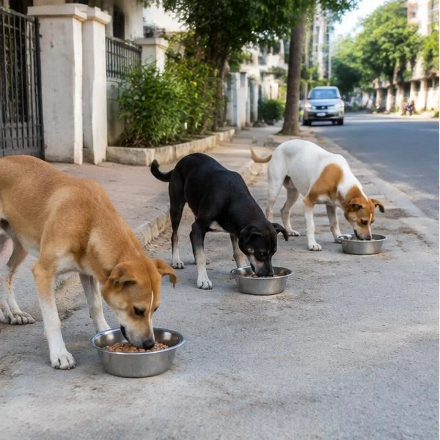 Clean bowls, a quiet residential roadside — AI-generated campaign scene in India
