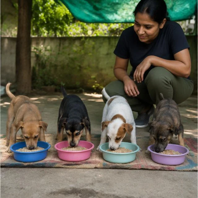 Small puppies, supervised meals — AI-generated campaign scene in India