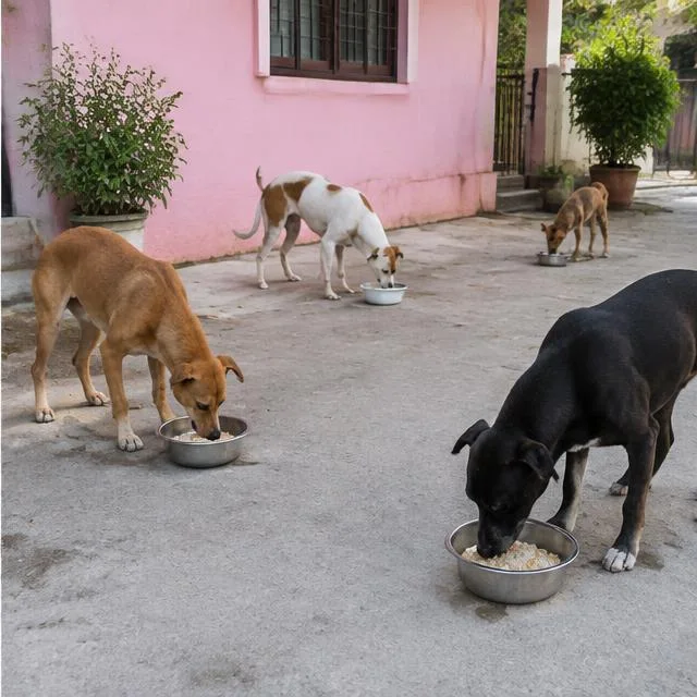 Different dogs, separate bowls — AI-generated campaign scene in India