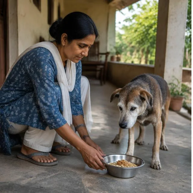 Patient feeding for a senior dog — AI-generated campaign scene in India