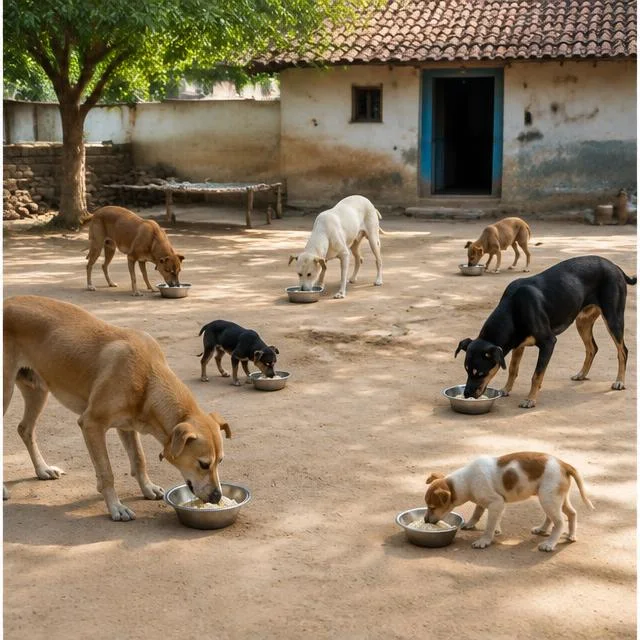 Puppies and adults, space for each — AI-generated campaign scene in India