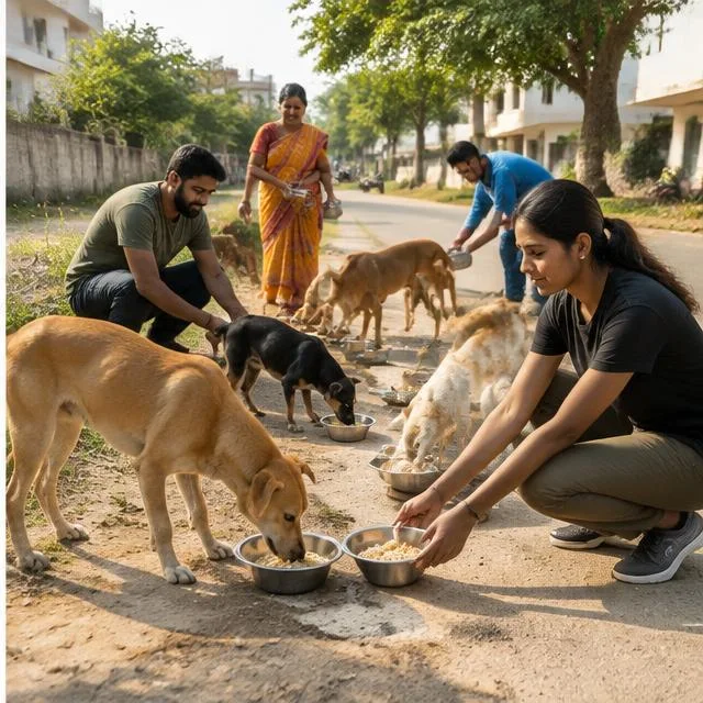 Daylight community feeding — AI-generated campaign scene in India