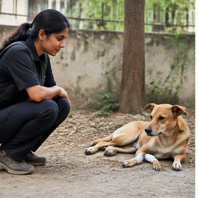 A community dog receiving calm non-graphic assistance