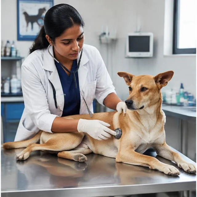 Veterinarian assessing an Indie dog