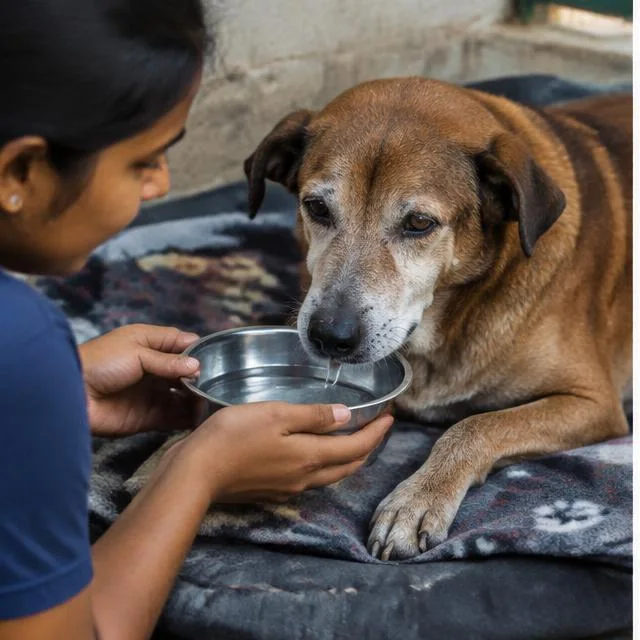 A senior dog resting with gentle support in an Indian lane