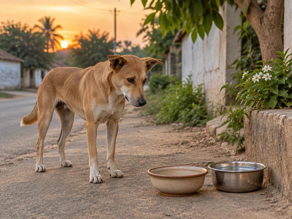 Indie dog beside empty food and water bowls on a village roadside