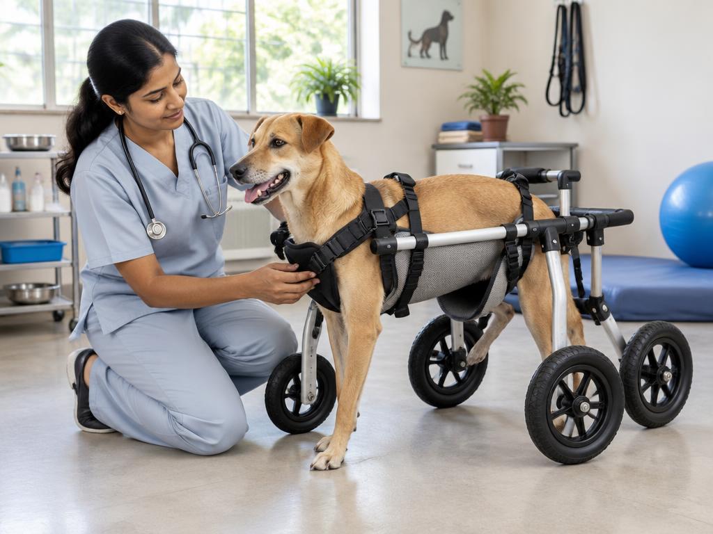 Illustrative veterinarian checking a mobility cart harness for fit and comfort