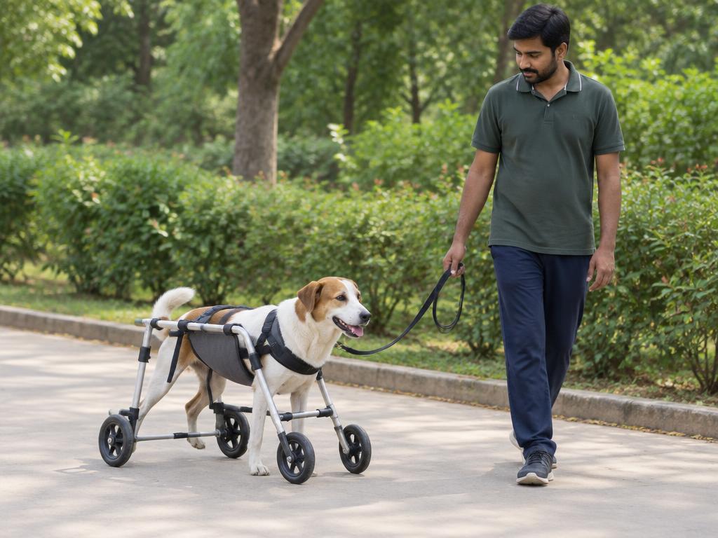 Illustrative dog moving outdoors with a mobility cart and supervised assistance