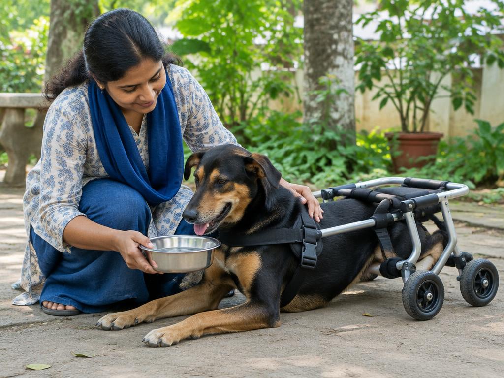 Illustrative volunteer offering water and reassurance during a mobility support rest break